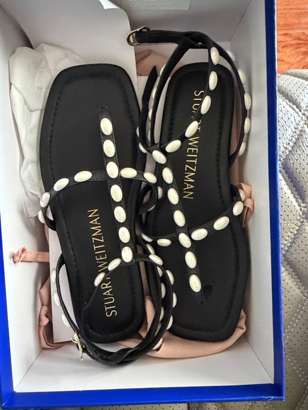 Stuart Weitzman Black T-Strap Sandals with White Oval Studs